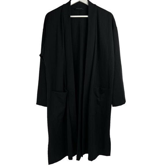 Eileen Fisher Size M Tencel Jacket Long Black Open Front Patch Pockets Stretch - Picture 2 of 10